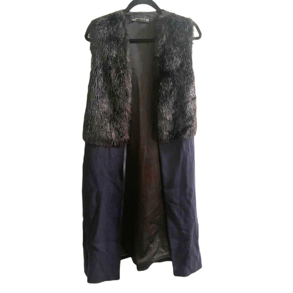 Zara Womens Medium Faux Fur Long Elegant Vest Coat Trinny Gilet Navy Blue Size 8